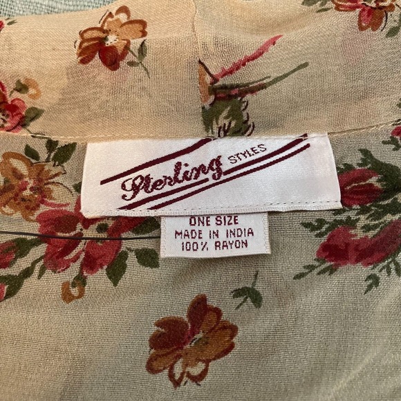 Sterling Styles Kimono Sz OS Tan Beige Floral Open Flowy Longline Cardi - Picture 5 of 7